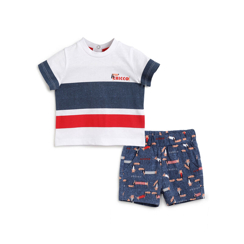 Boys White and Blue Printed Outfit with Short Pants image number 0